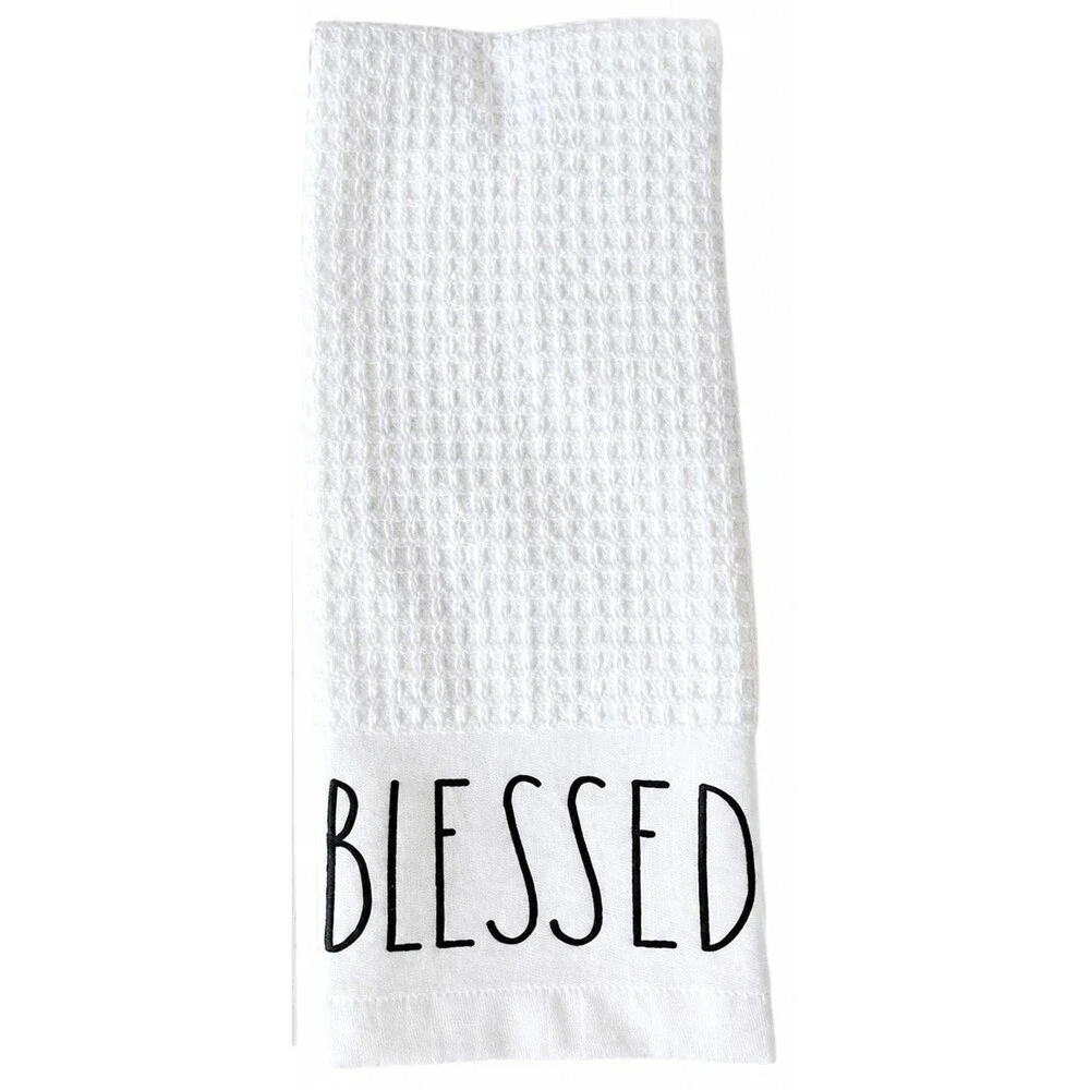 Rae Dunn Kitchen Dish Towels Set of 2 Embroidered Blessed Family White Woven